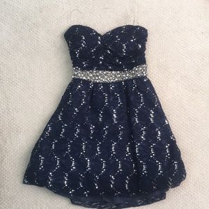 Strapless navy blue homecoming dress